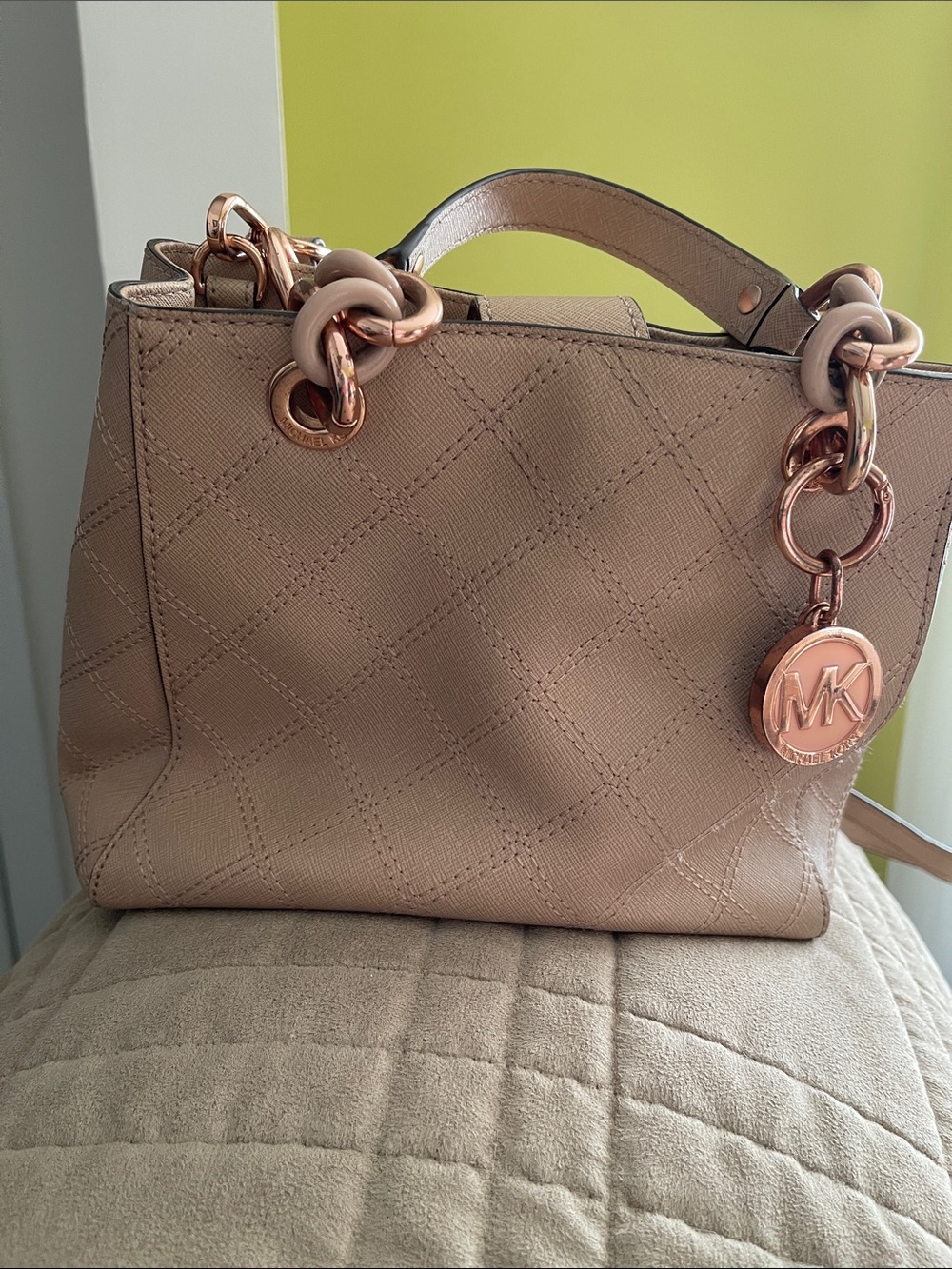 Michael Kors Cynthia Satchel in Nude Blush with Rose Gold Accents